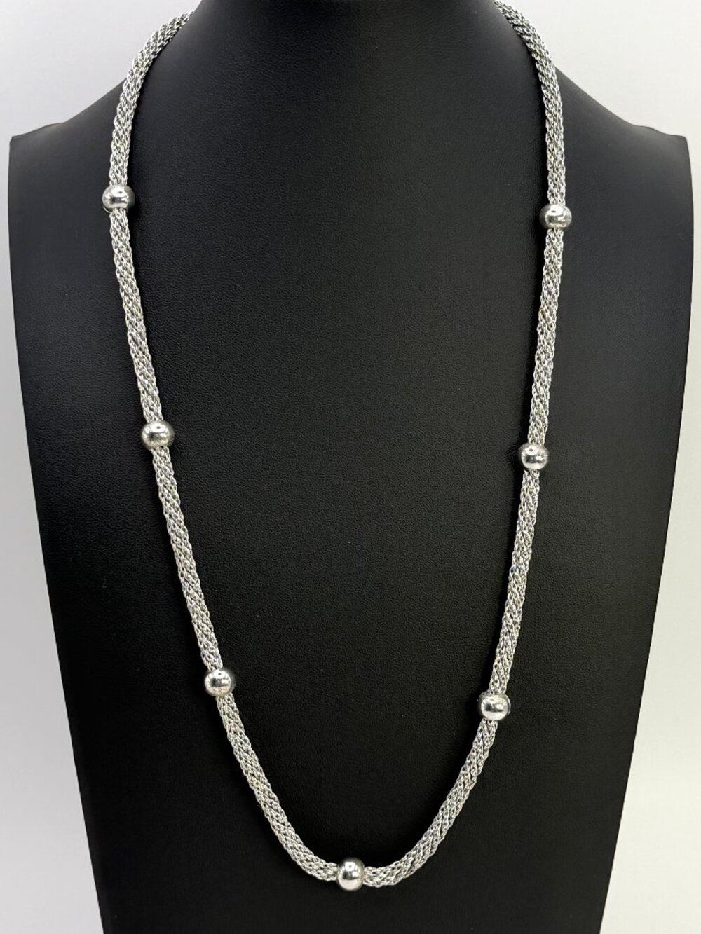 Woven Mesh Station Bead Necklace Silver Tone 23β 36 grams